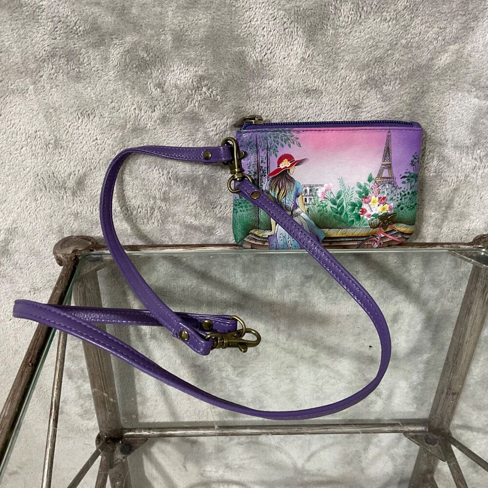 Anuschka hand painted wristlet leather credit card holder approx. 5.5”x 4” 18”